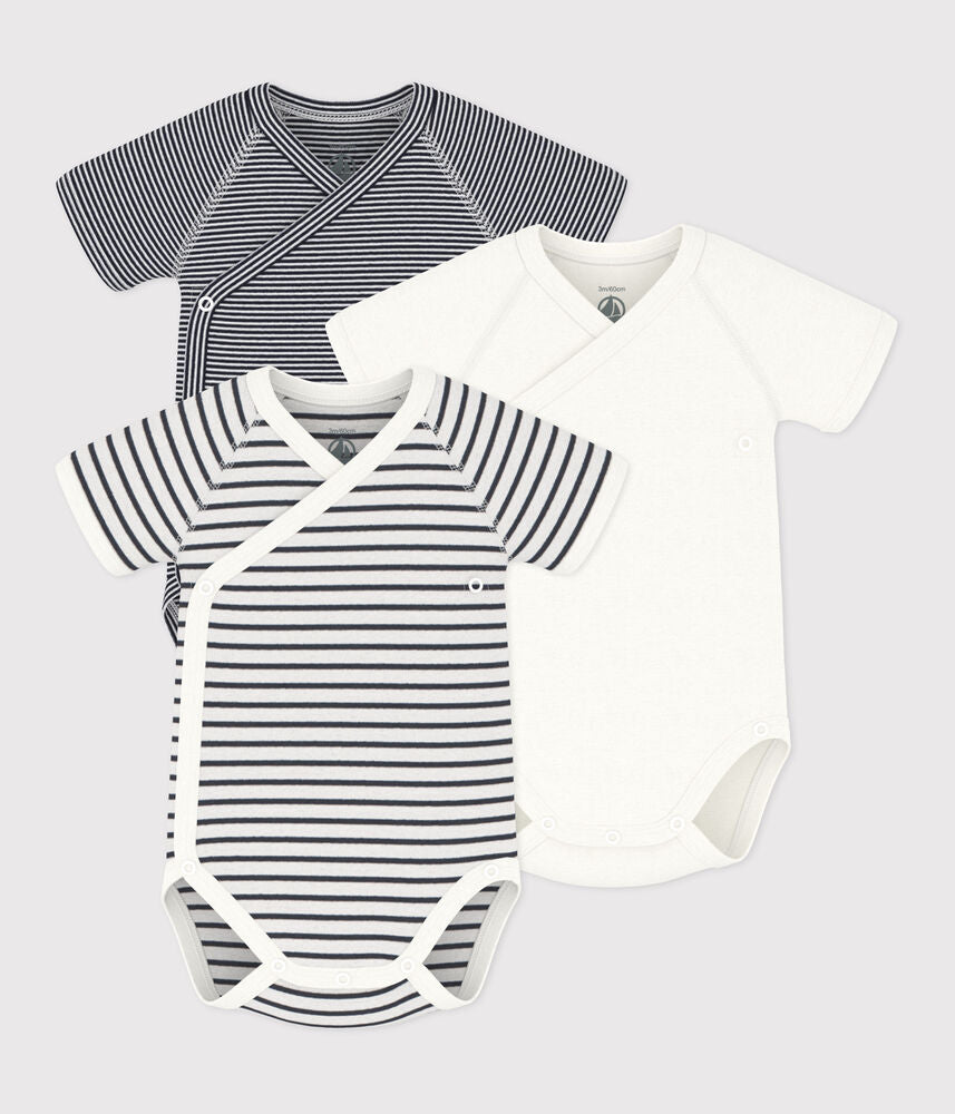 LOT DE 3 BODIES CROISÉS MANCHES COURTES RAYURES BÉBÉ EN COTON